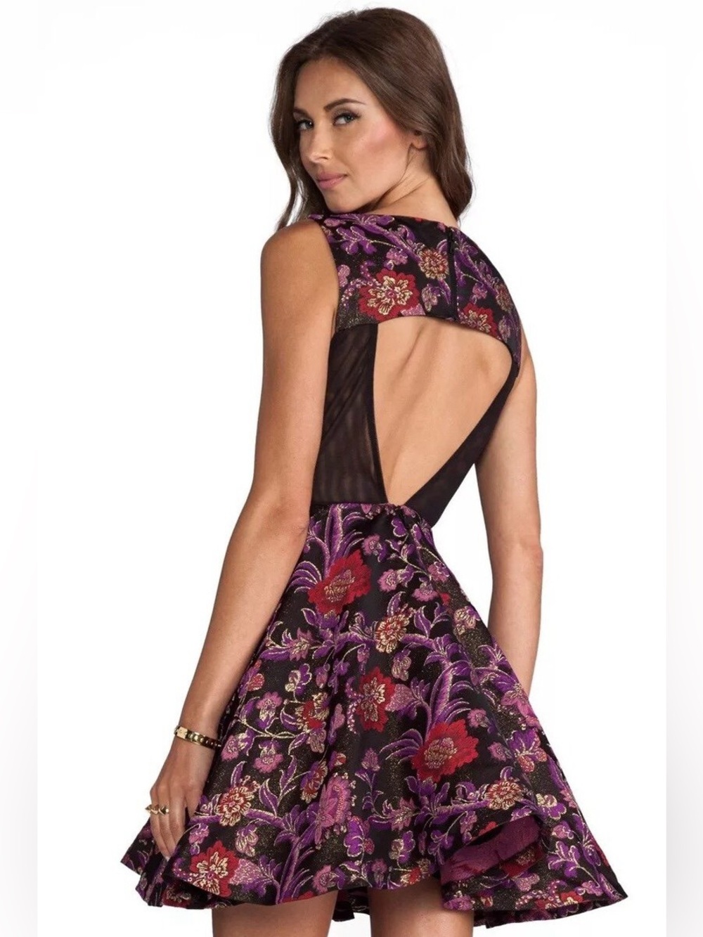 Alice + Olivia Black Mini Dress with Purple and Red Floral Jacquard